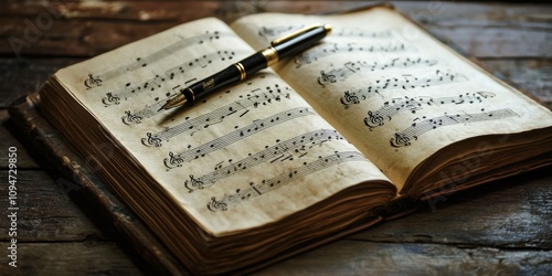 A music book, pen, and sheet music.