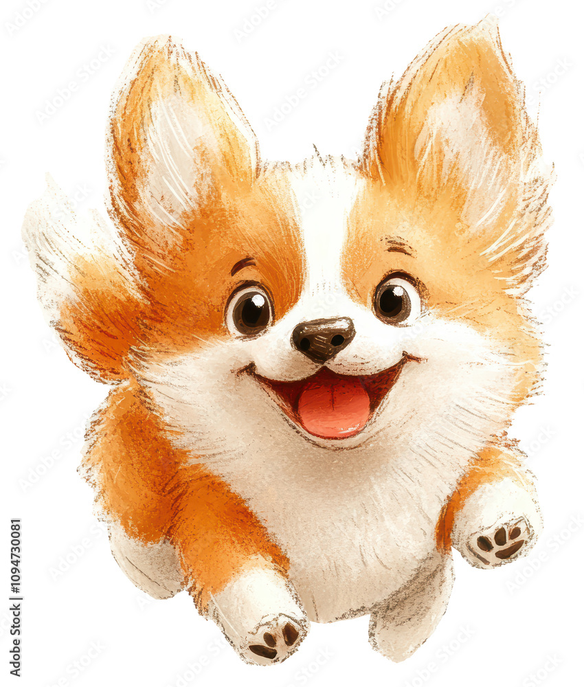 Obraz premium A cartoon dog is running and smiling. The dog is happy and playful. The image is colorful and lively