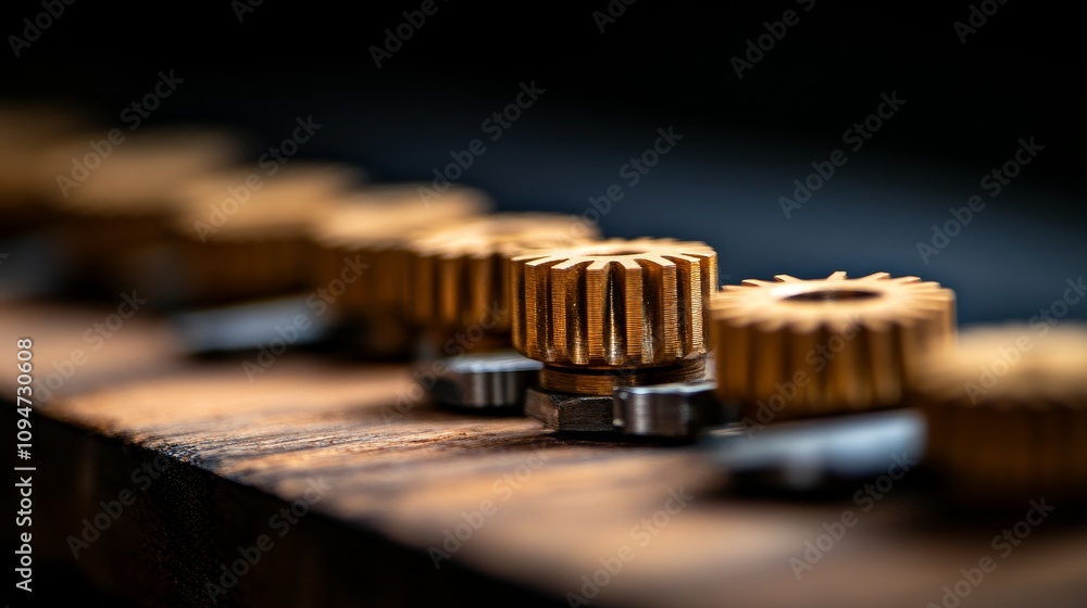 Close-up of a Row of Worn Brass Gears on a Rusty Surface Close-up of a Row of Worn Brass Gears on a Rusty Surface