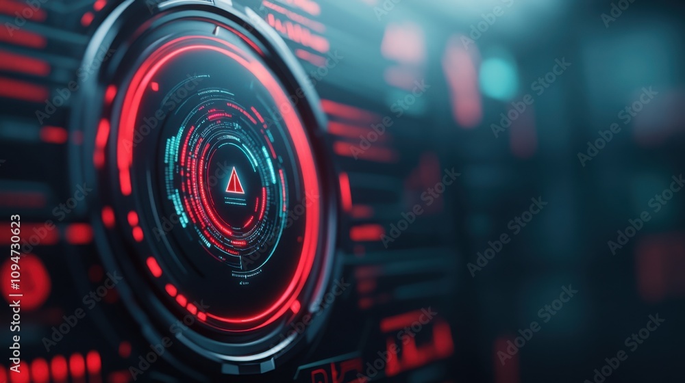 Obraz premium Monitoring anti tracking concept. A futuristic control interface featuring intricate red and black designs, highlighting a central warning symbol.