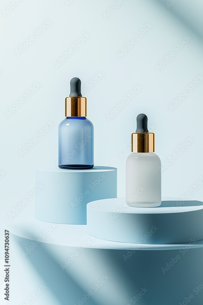 Mockup of two blue serum bottles with golden droppers displayed on minimalist white podiums against a vibrant blue background. Mockup of two blue serum bottles with golden droppers displayed on minimalist white podiums against a vibrant blue background.