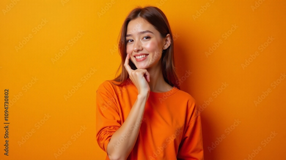 Smiling young woman wearing an orange sweater on a bright orange background Smiling young woman wearing an orange sweater on a bright orange background