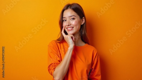 Smiling young woman wearing an orange sweater on a bright orange background