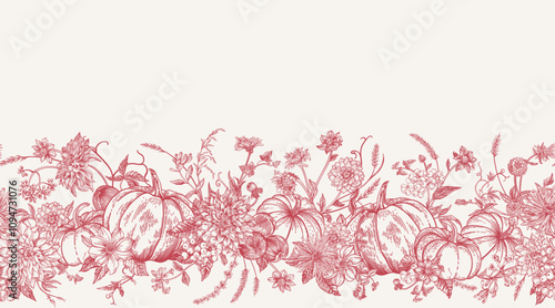 Seamless pattern horizontal border with flowers and pumpkins. Autumn background. Harvest festival. Engraving style. Red