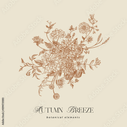 Vintage card with autumn bouquet. Flowers, apples, berries. Vector botanical illustration. Harvest festival.
