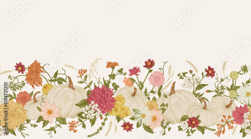 Seamless pattern horizontal border with flowers and pumpkins. Autumn background. Harvest festival.