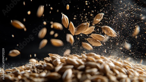 Barley groats are seen distinctly separated other captured mid air focus their unique shapes. dark backdrop enhances their natural beauty