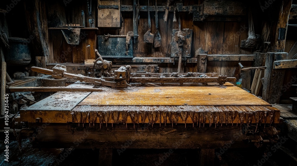 A Wooden Workbench Covered in Dripping Wax in a Dark Workshop A Wooden Workbench Covered in Dripping Wax in a Dark Workshop