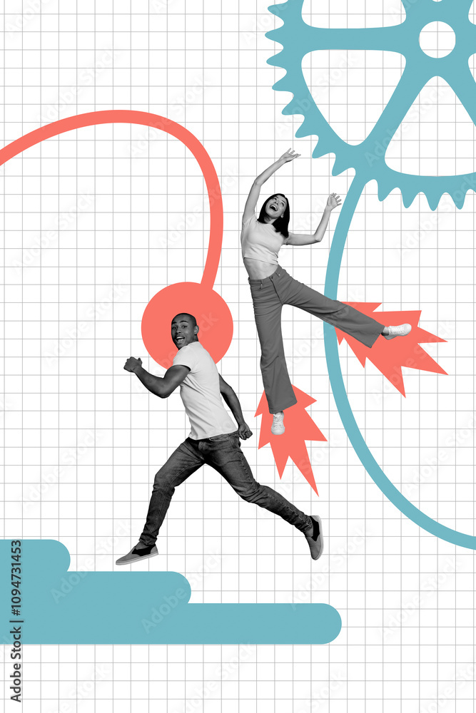 Vertical photo collage of two happy girl jump american man run business partners gearwheel development isolated on painted background Vertical photo collage of two happy girl jump american man run business partners gearwheel development isolated on painted background