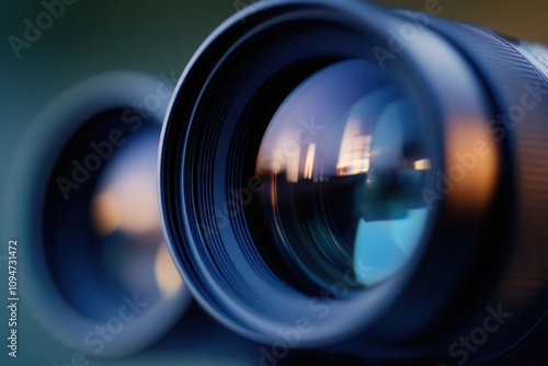 Close-up of a camera lens reflecting a sunset.