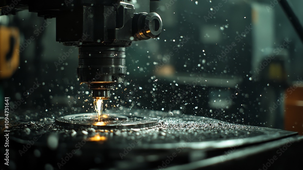 Close-up of a CNC Machine Cutting Metal with Water Droplets Flying Close-up of a CNC Machine Cutting Metal with Water Droplets Flying