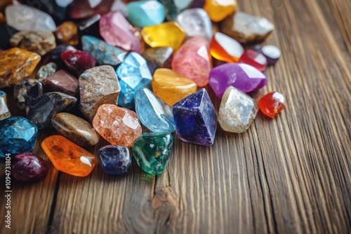 A variety of colorful gemstones scattered across a wooden table, symbolizing diversity and natural beauty photo