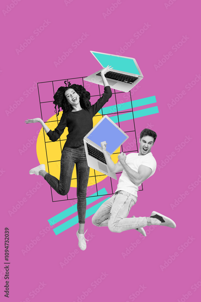 Vertical photo collage of two happy business girl guy jump laptop freelancer worker specialist it cyber isolated on painted background Vertical photo collage of two happy business girl guy jump laptop freelancer worker specialist it cyber isolated on painted background