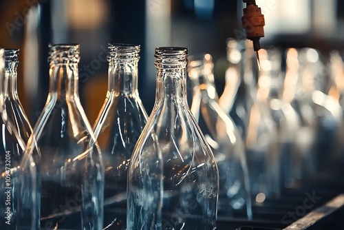 Glass bottles lined up for beverage production in factory photo