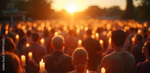 Easter sunrise service with a crowd holding candles, creating a serene and spiritual atmosphere photo