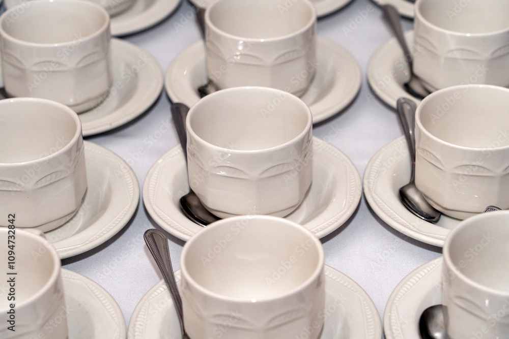 Empty white tableware crockery cups and saucers arranged on a table at a formal hospitality banqueting event or wedding, banquet stock photo image Empty white tableware crockery cups and saucers arranged on a table at a formal hospitality banqueting event or wedding, banquet stock photo image