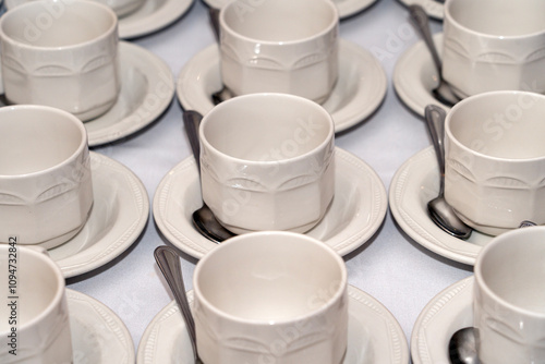 Empty white tableware crockery cups and saucers arranged on a table at a formal hospitality banqueting event or wedding, banquet stock photo image