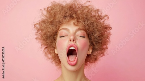 Young woman with curly hair expressing emotion against a pink background, AI