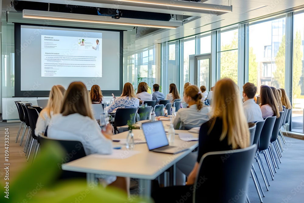 A modern corporate training session with young adults in a bright, glass-walled conference room A modern corporate training session with young adults in a bright, glass-walled conference room