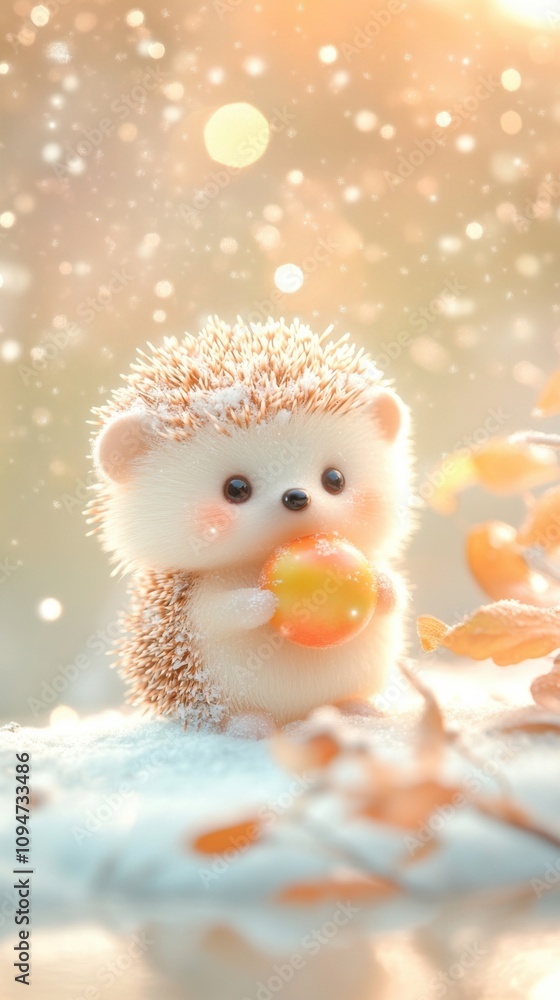 Obraz premium Adorable hedgehog holding a glowing orb in a dreamy, snowy landscape, AI