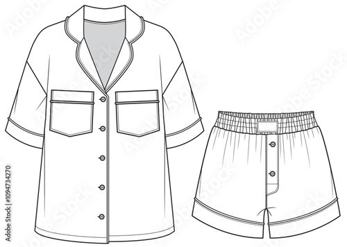 womens resort pajama set short sleeve button down shirt and shorts flat sketch vector illustration technical cad drawing template