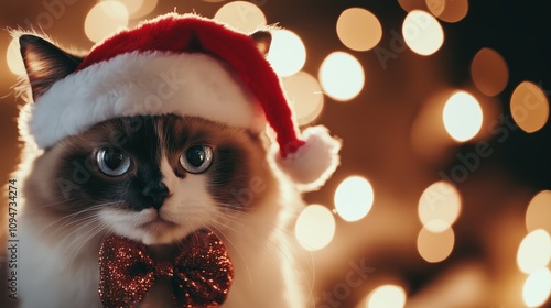 Weihnachtliche Katze vor funkelndem Hintergrund photo