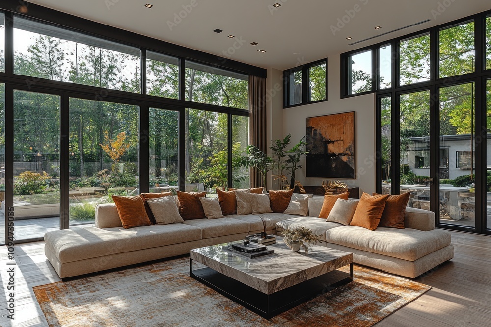Modern Living Room with Floor to Ceiling Windows Overlooking Lush Greenery Modern Living Room with Floor to Ceiling Windows Overlooking Lush Greenery