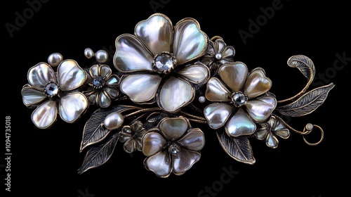 Exquisite Floral Shell Brooch with Pearls and Gems