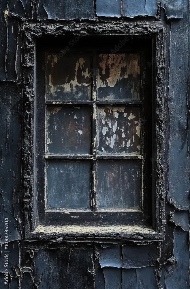 A close-up of an old, black wooden window with peeling paint. A close-up of an old, black wooden window with peeling paint.
