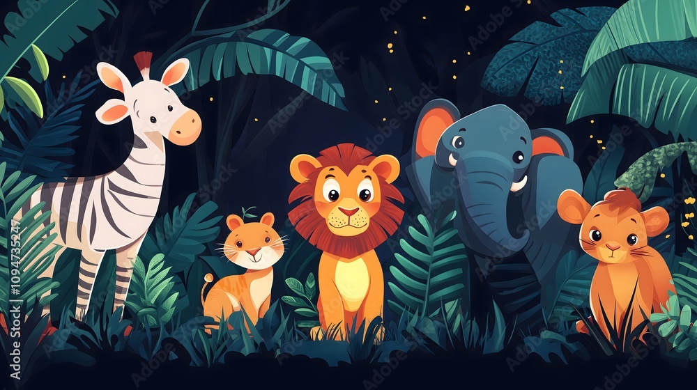 Cute African animals in a jungle at night. Cute African animals in a jungle at night.