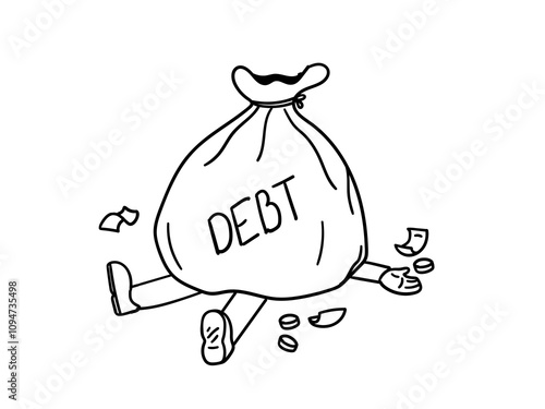 A guy crushed under a sack of money, in debt concept doodle illustration