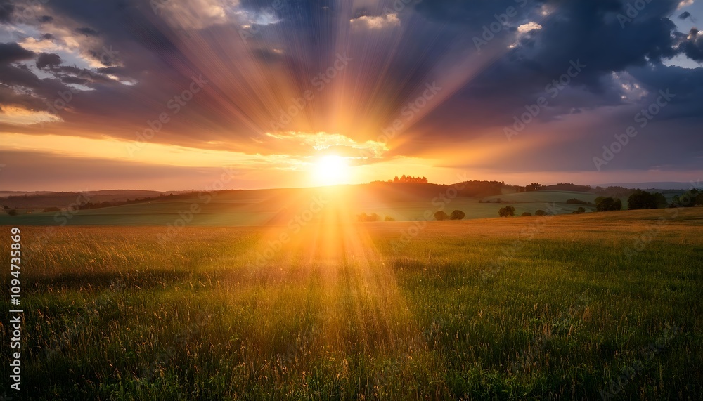 Obraz premium Beautiful sunset background landscape filled with sunrays.