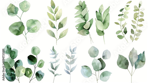 Set of floral illustrations features diverse green leaves, highlighting different shapes and sizes in an elegant watercolor style. Perfect for nature lovers and design projects