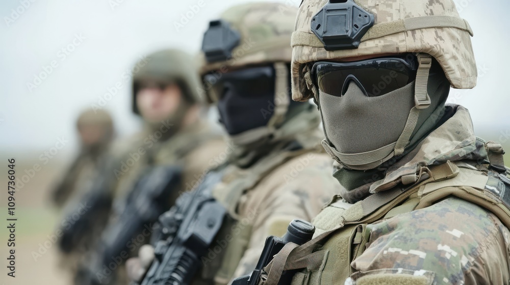 A military unit in camouflage stands in formation, focused and ready, with weapons at the ready, showcasing discipline and coordination in a strategic operation. A military unit in camouflage stands in formation, focused and ready, with weapons at the ready, showcasing discipline and coordination in a strategic operation.