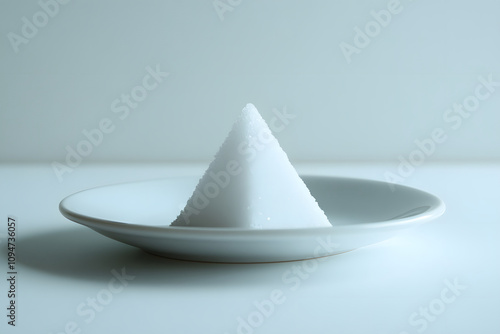 Heaped salt. Close-up of purifying pyramidal salt on a white plate.