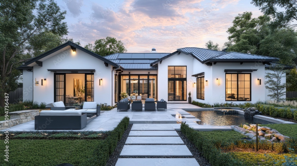 Luxury Modern Home Exterior Design: Evening Ambiance Luxury Modern Home Exterior Design: Evening Ambiance