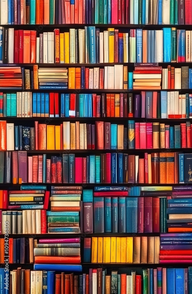 A wall of books, each book displaying its colorful cover A wall of books, each book displaying its colorful cover