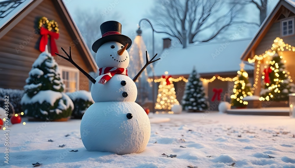 Obraz premium Snowman in a decorated yard.