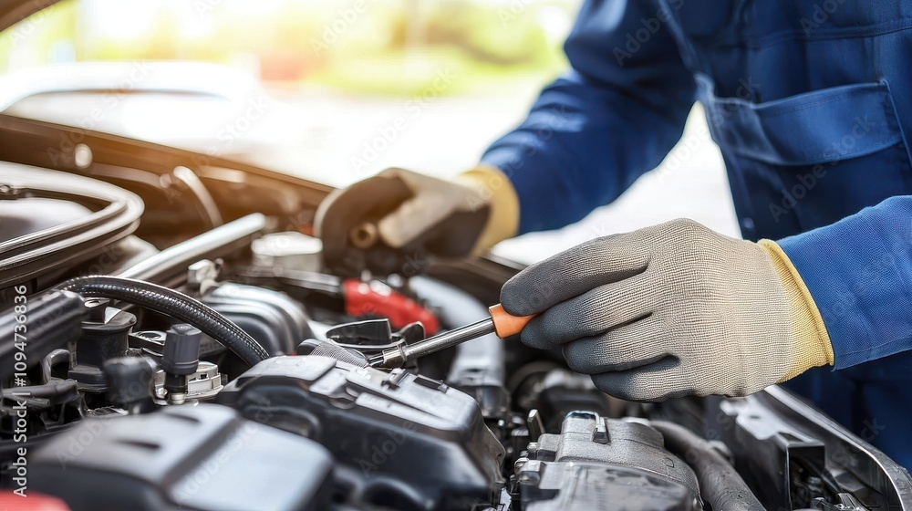 Technician Working on Vehicle Engine for Service Technician Working on Vehicle Engine for Service