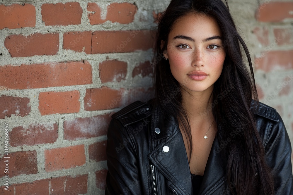 Model in a leather jacket posing against a brick wall Model in a leather jacket posing against a brick wall