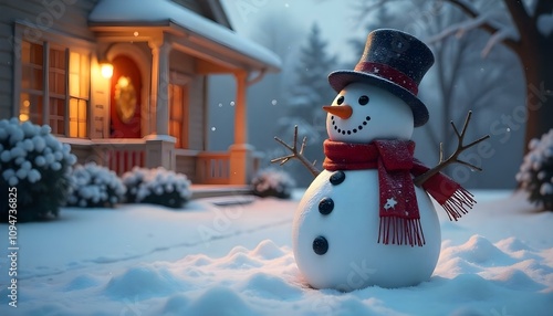 Snowman in a decorated yard. photo