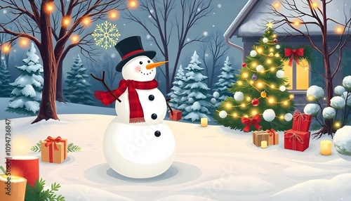 Snowman in a decorated yard. photo