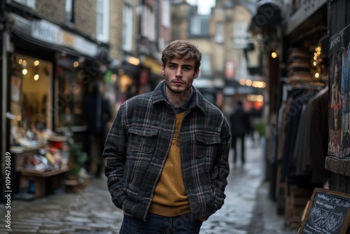 Man wearing a plaid jacket walking in a cobblestone street market