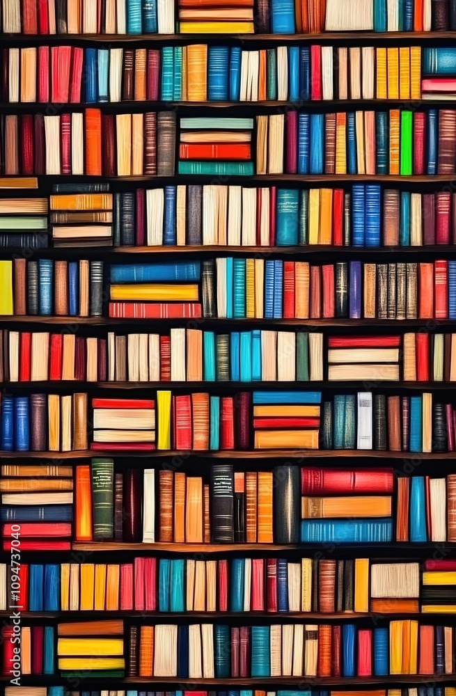 A wall of books, each book displaying its colorful cover A wall of books, each book displaying its colorful cover