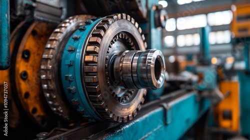 Close-up of industrial machinery with gears and a metal shaft