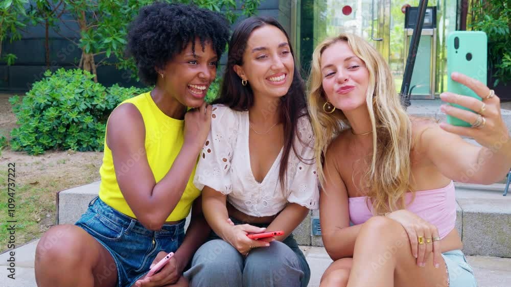 Three young women sitting outdoors, smiling, and taking a playful selfie together. Perfect for concepts like friendship, happiness, social media, and outdoor lifestyle.