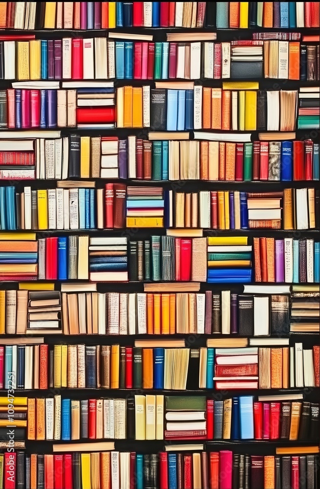 A wall of books, each book displaying its colorful cover A wall of books, each book displaying its colorful cover