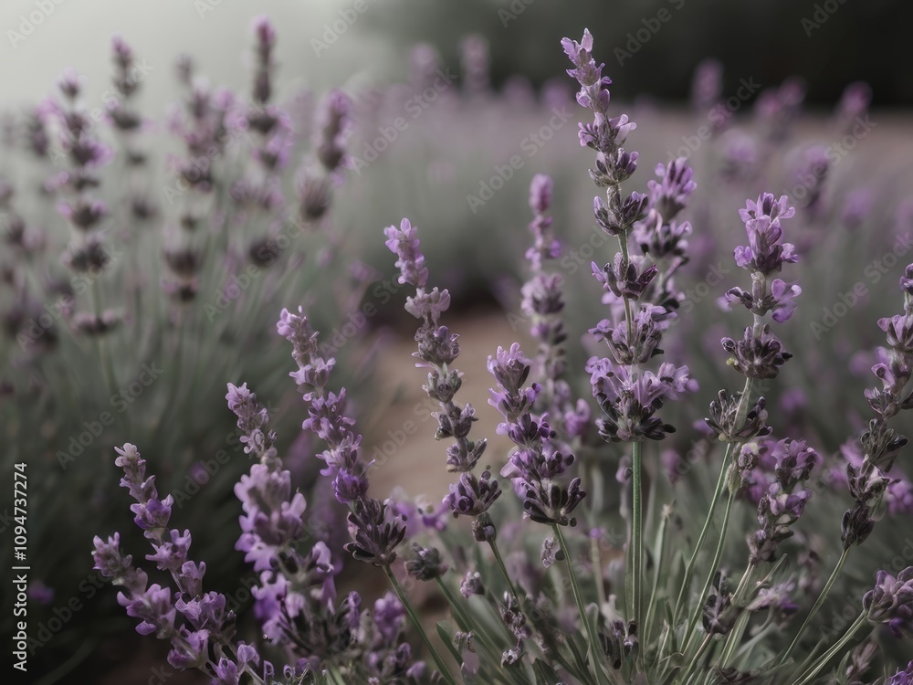 Obraz premium A close-up of a lavender field bathed in soft, dreamy light. The lavender blooms stand out against a pastel sunset background, creating a tranquil and serene atmosphere