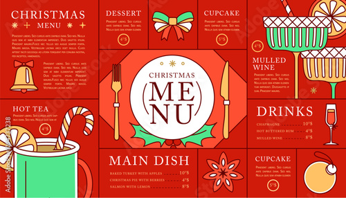 Holiday line art Merry Christmas and Happy New Year menu design. Flat design. Vector illustration