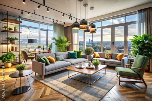 Modern Apartment Living Room Design: Aerial View of Stylish Interiors, Contemporary Furniture, Minimalist Decor, Open Space Layout, Urban Chic, Cozy Ambiance, Natural Light, Luxury Living Spaces